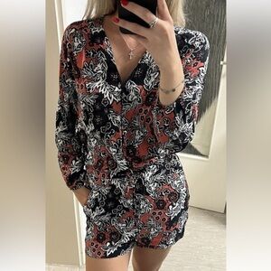 H&M dark floral pink & black long sleeve romper playsuit SZ 12 cinch bow waist